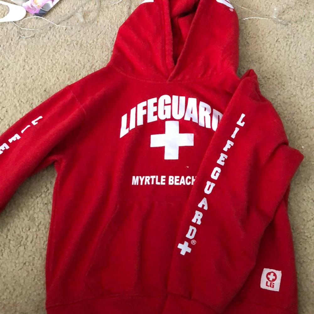 Red and white Lifeguard hoodie from myrtle beach